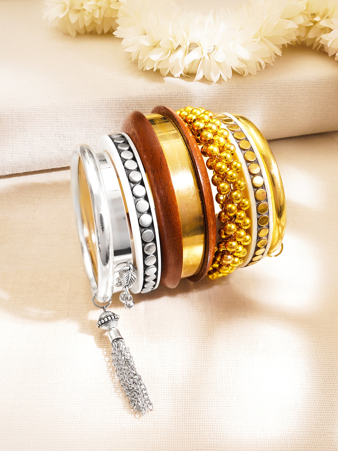 Mixed Texture Fusion Statement Bangles Set フリーサイズ