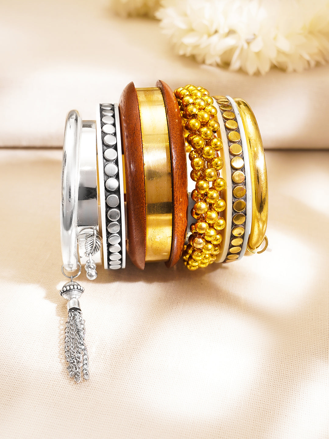 Mixed Texture Fusion Statement Bangles Set フリーサイズ