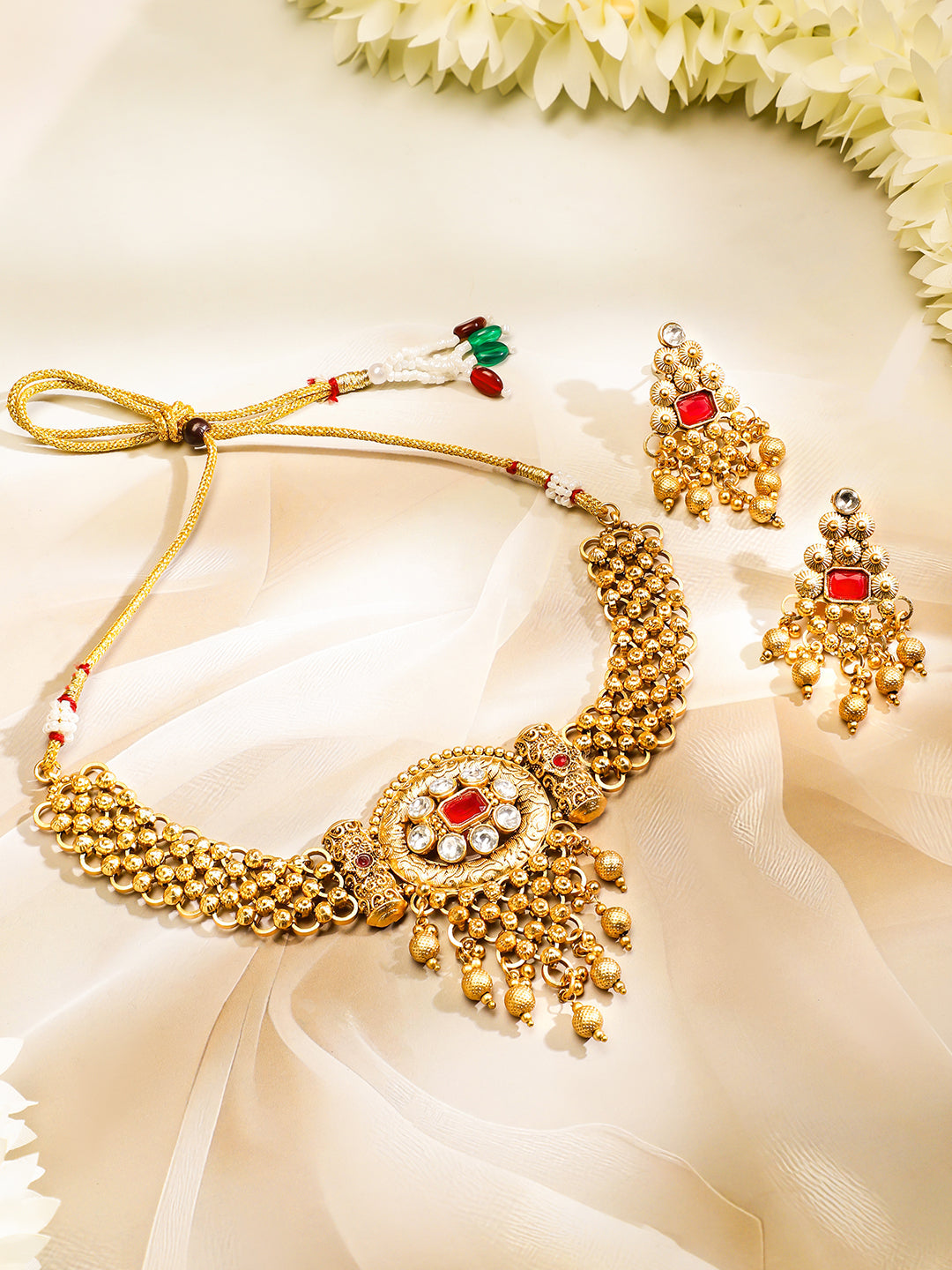 22K Gold Plated Ruby Red & White Kundan Studded Choker Jewellery Set with Golden Beads フリーサイズ