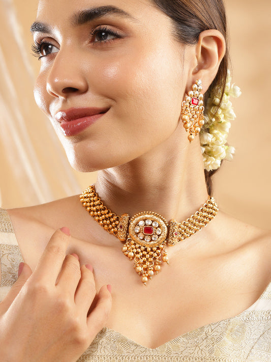 22K Gold Plated Ruby Red & White Kundan Studded Choker Jewellery Set with Golden Beads フリーサイズ