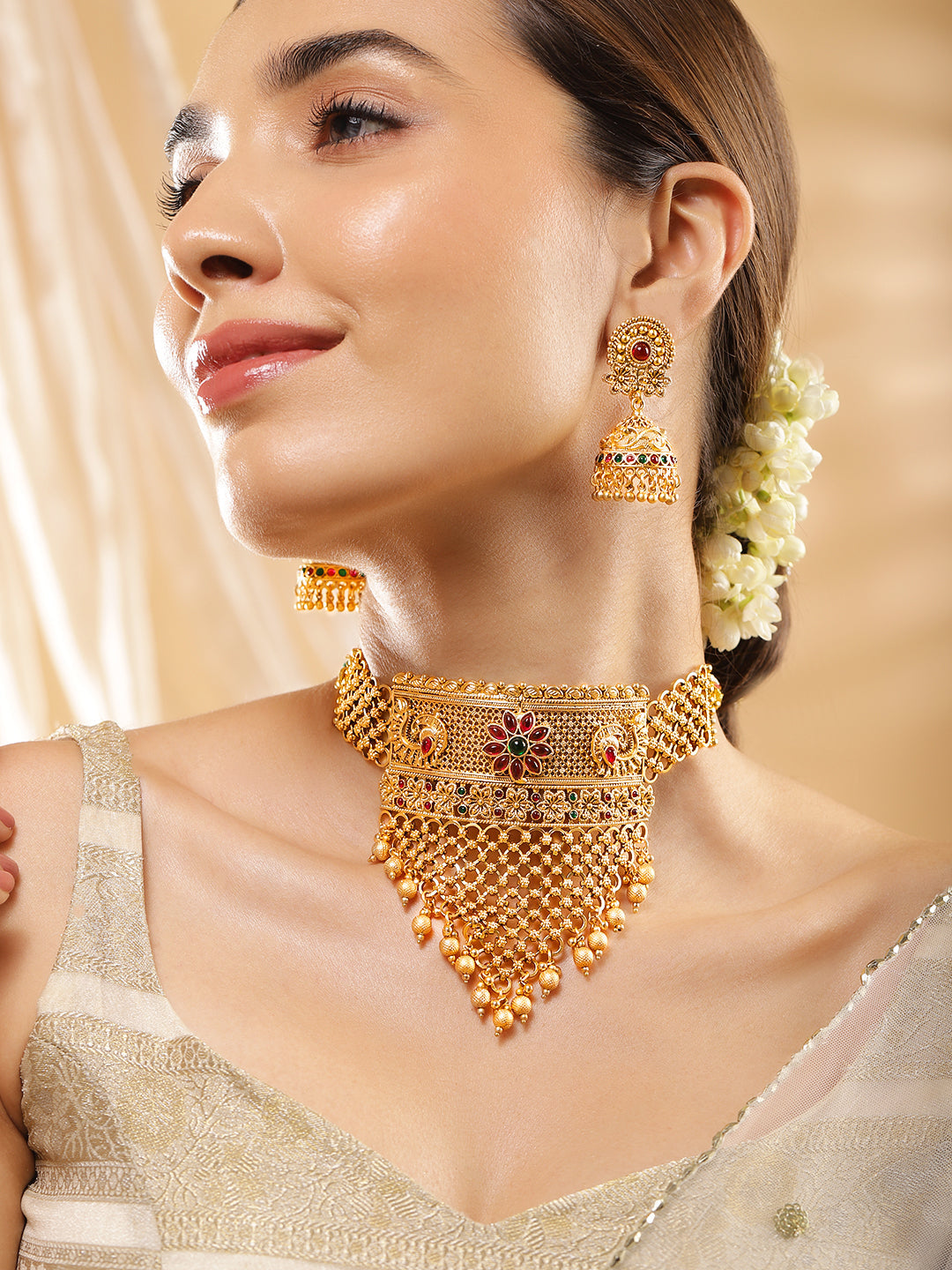 Rubans 22K Gold-Plated Ruby & Emerald and Golden Beaded Detailing Handcrafted Choker Set Gold