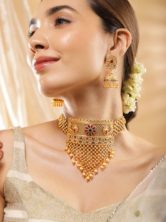 Rubans 22K Gold-Plated Ruby & Emerald and Golden Beaded Detailing Handcrafted Choker Set Gold