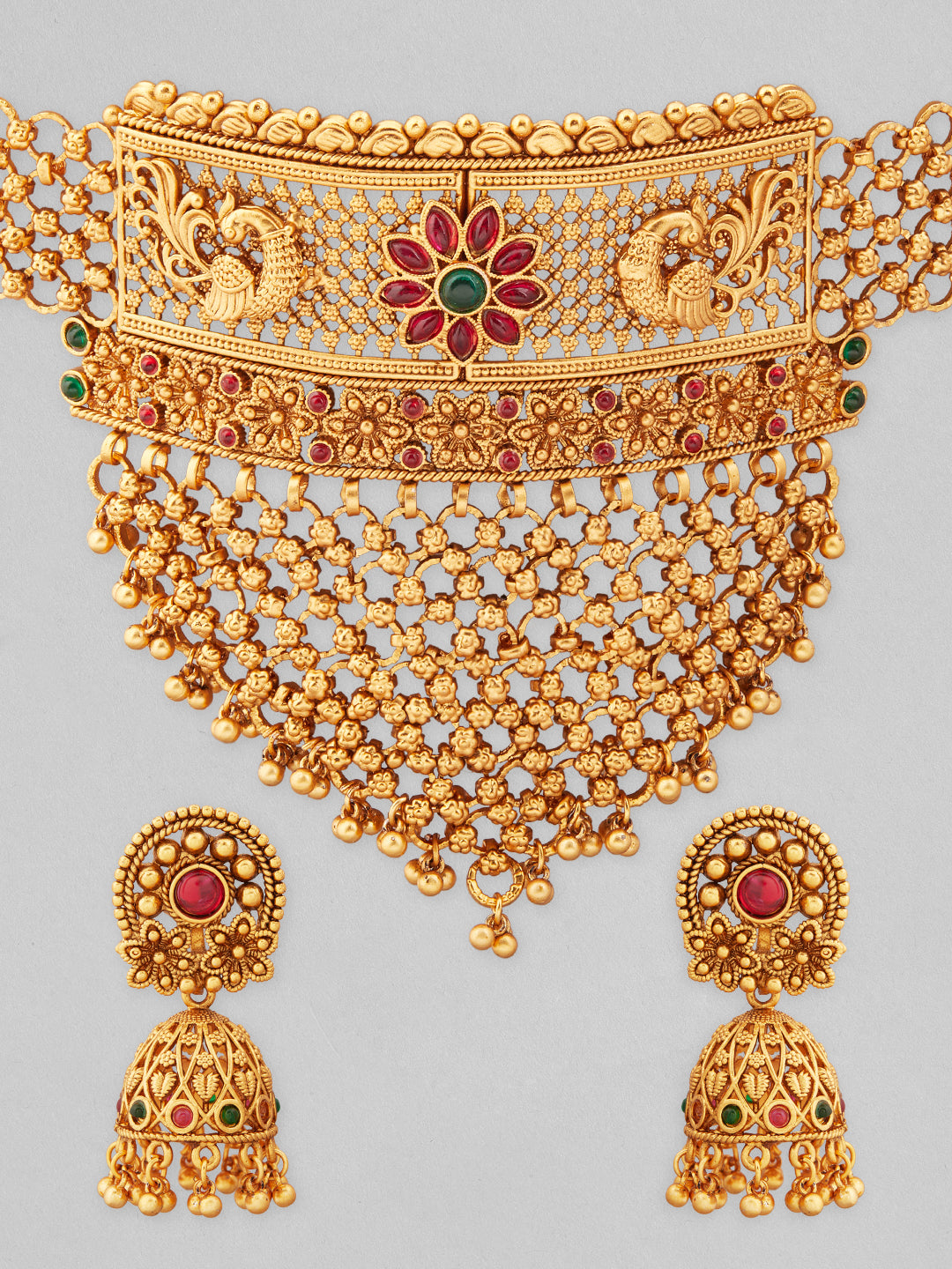 Rubans 22K Gold-Plated Ruby & Emerald and Golden Beaded Detailing Handcrafted Choker Set Gold