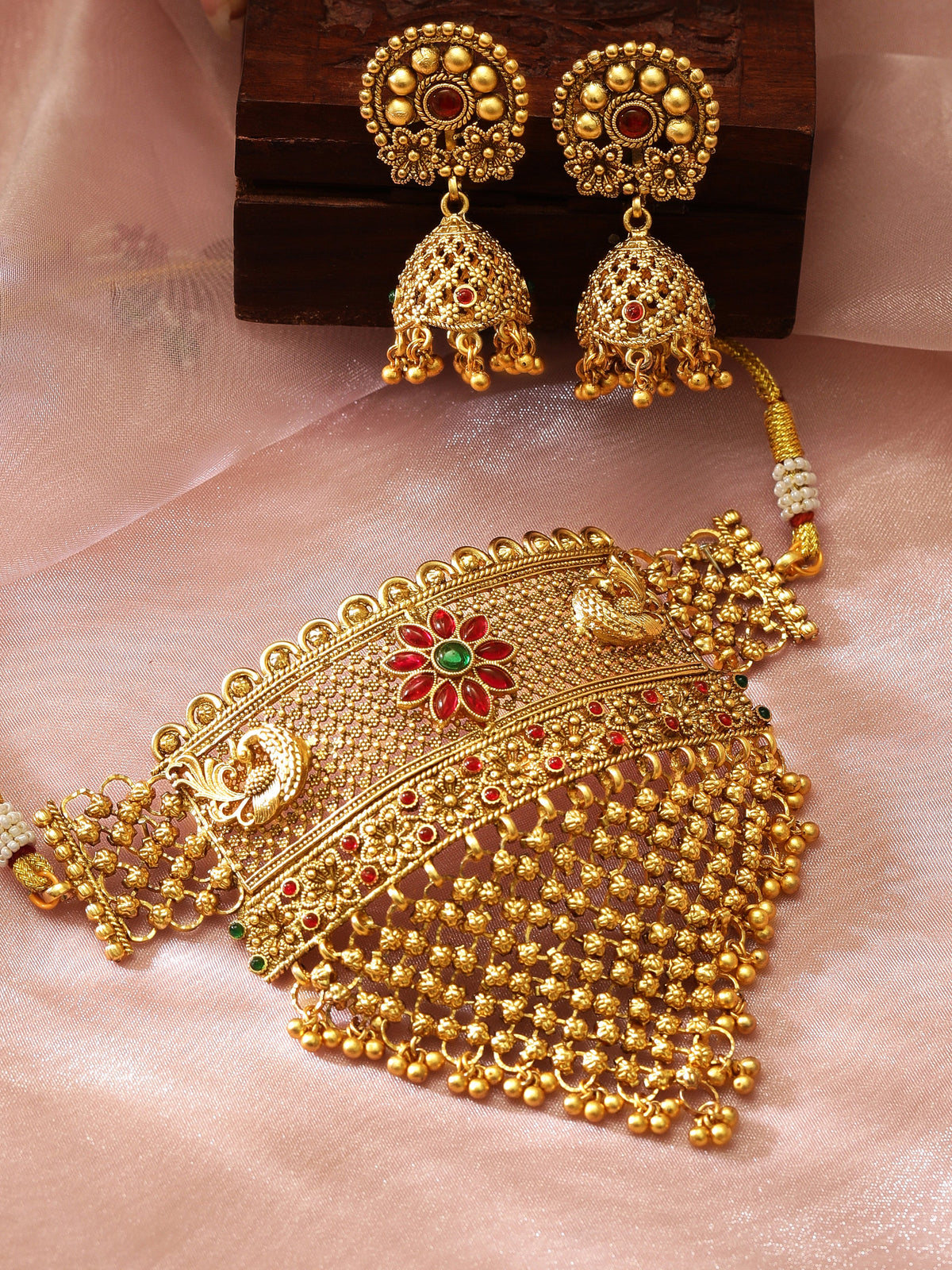 Rubans 22K Gold-Plated Ruby & Emerald and Golden Beaded Detailing Handcrafted Choker Set Gold