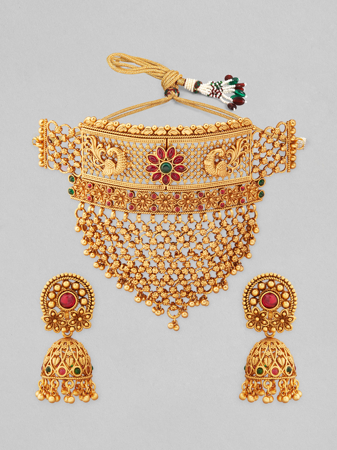 Rubans 22K Gold-Plated Ruby & Emerald and Golden Beaded Detailing Handcrafted Choker Set Gold