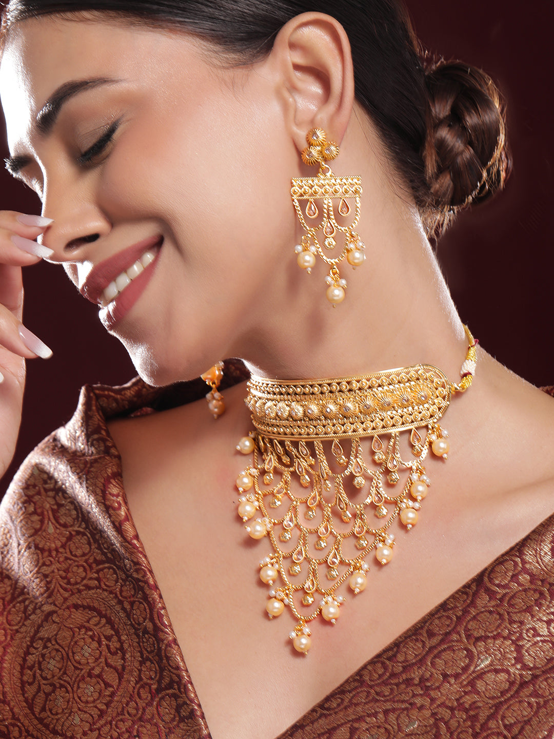 Pearl Drop Layered Choker Set Gold