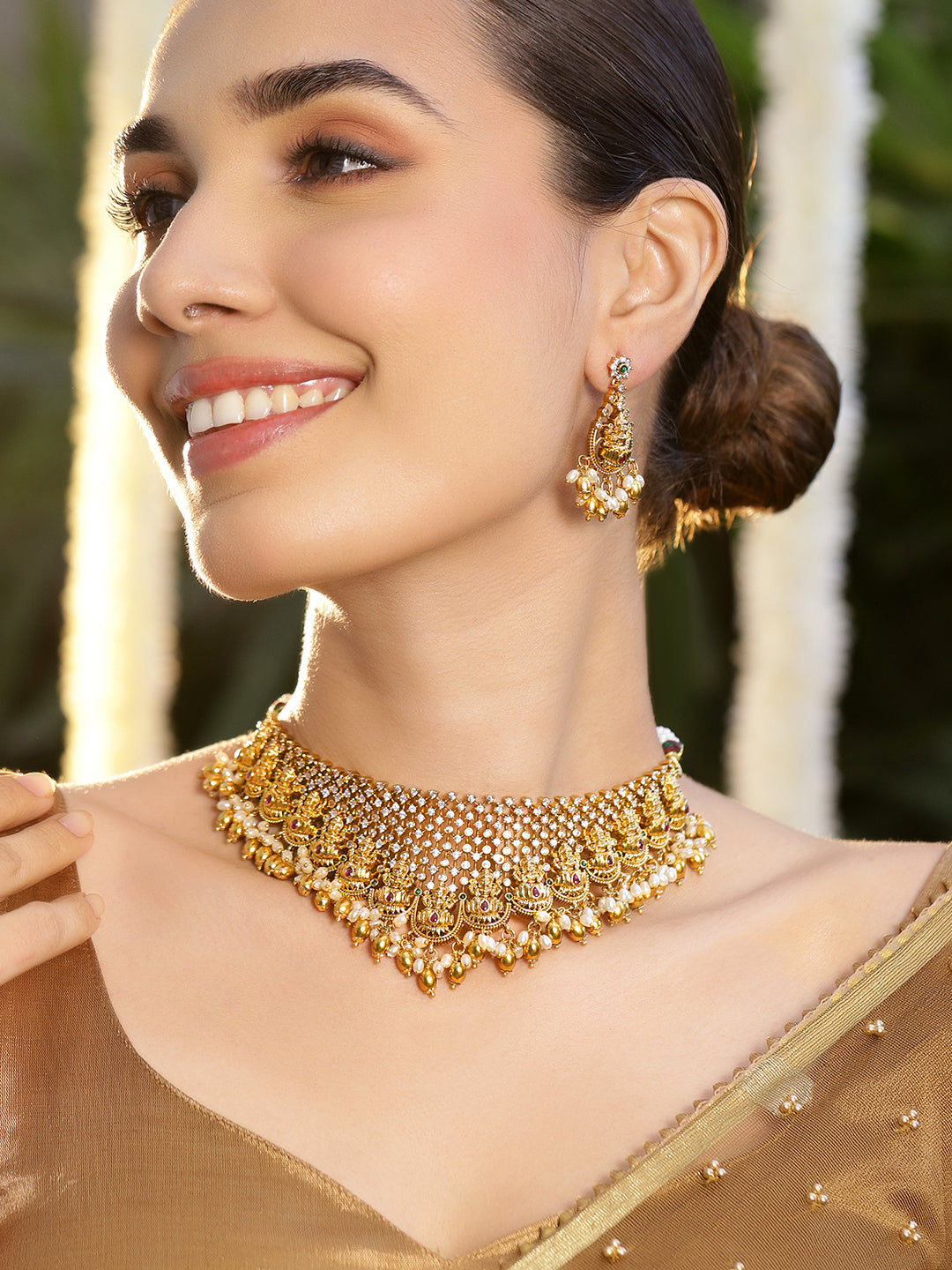 Laxmi Motif Choker Set with American Diamond Zirconia Gold
