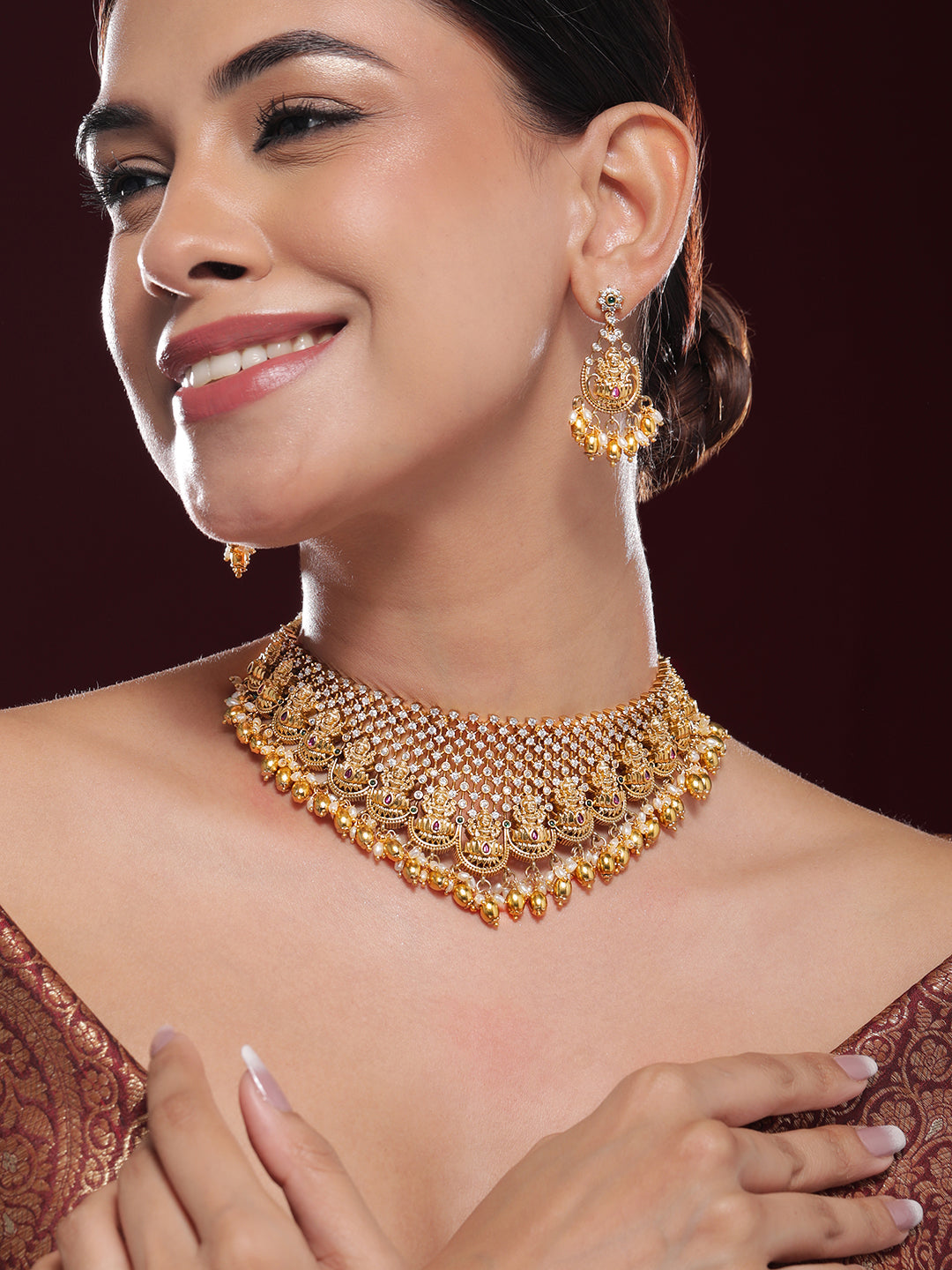 Laxmi Motif Choker Set with American Diamond Zirconia Gold