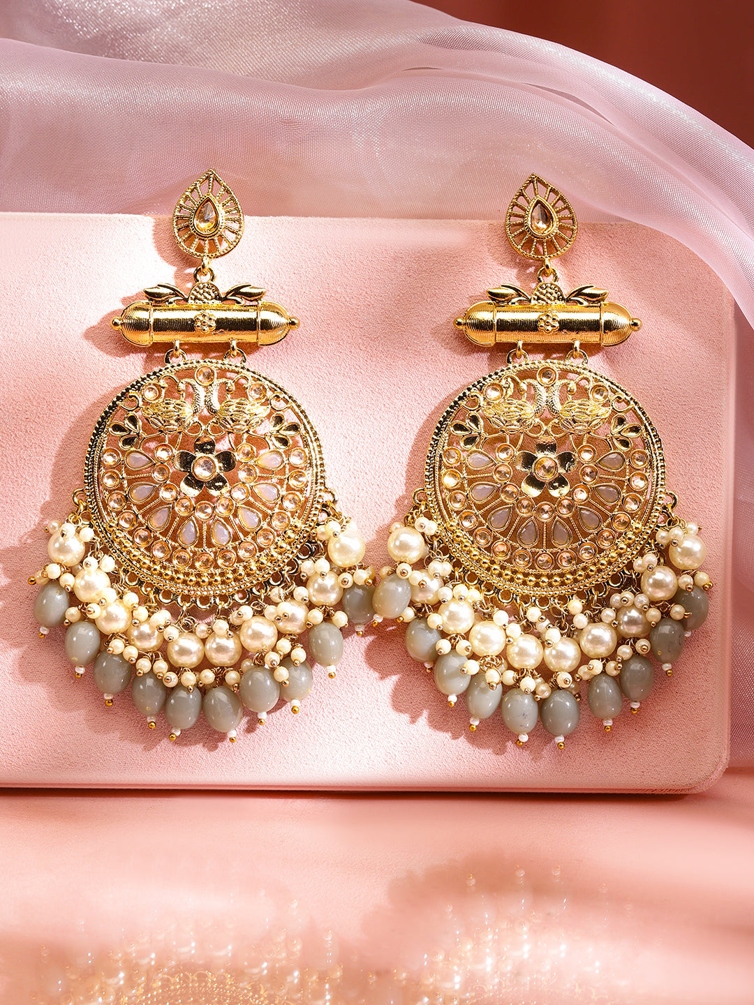 【Rubans】 22K Gold-Plated Pearl & Grey Stone Studded & Beaded Big Traditional Chandbali Earrings｜22K ゴールドメッキ パール＆グレーストーン ビッグ トラディショナル チャンドバリ イヤリング