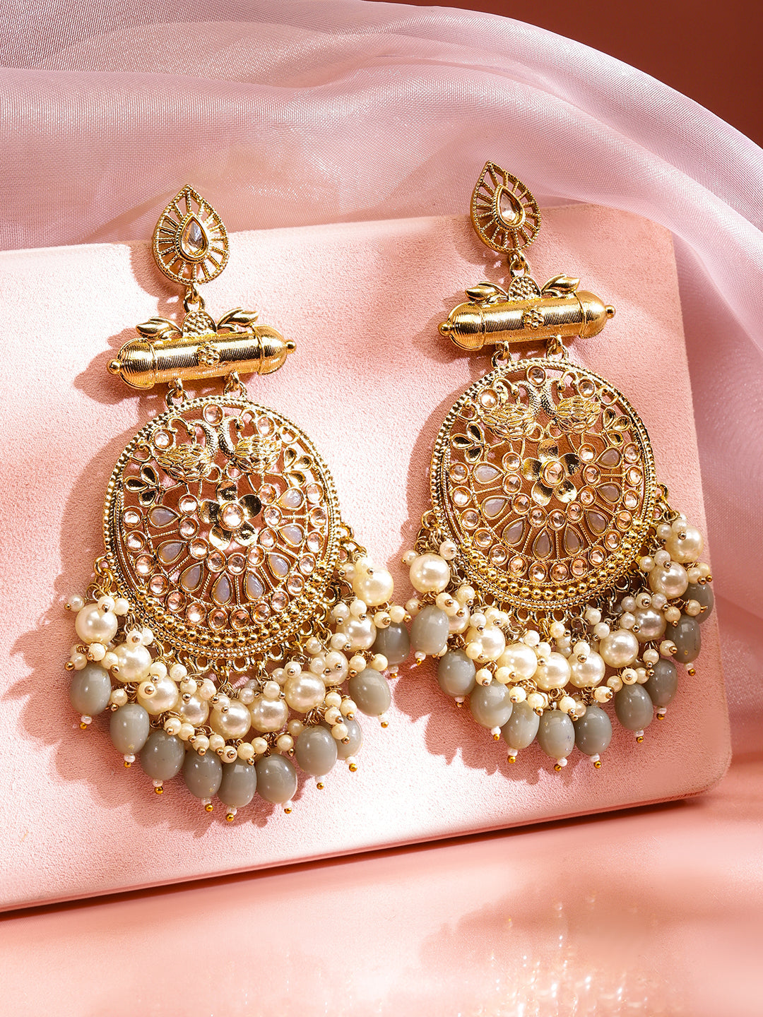 【Rubans】 22K Gold-Plated Pearl & Grey Stone Studded & Beaded Big Traditional Chandbali Earrings｜22K ゴールドメッキ パール＆グレーストーン ビッグ トラディショナル チャンドバリ イヤリング