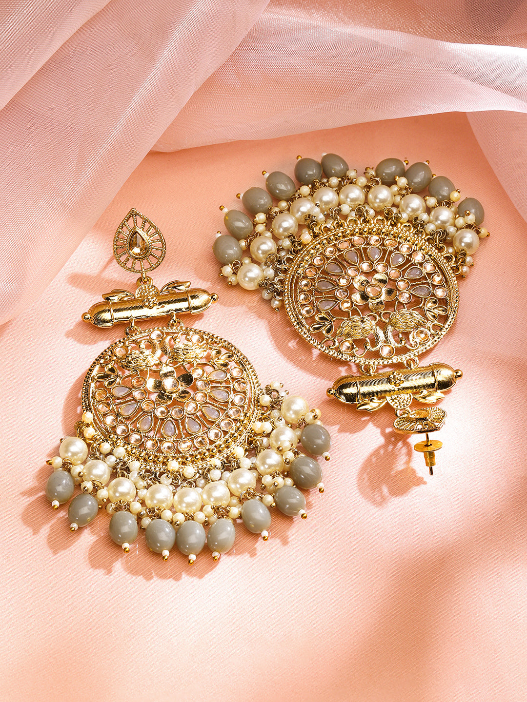 【Rubans】 22K Gold-Plated Pearl & Grey Stone Studded & Beaded Big Traditional Chandbali Earrings｜22K ゴールドメッキ パール＆グレーストーン ビッグ トラディショナル チャンドバリ イヤリング