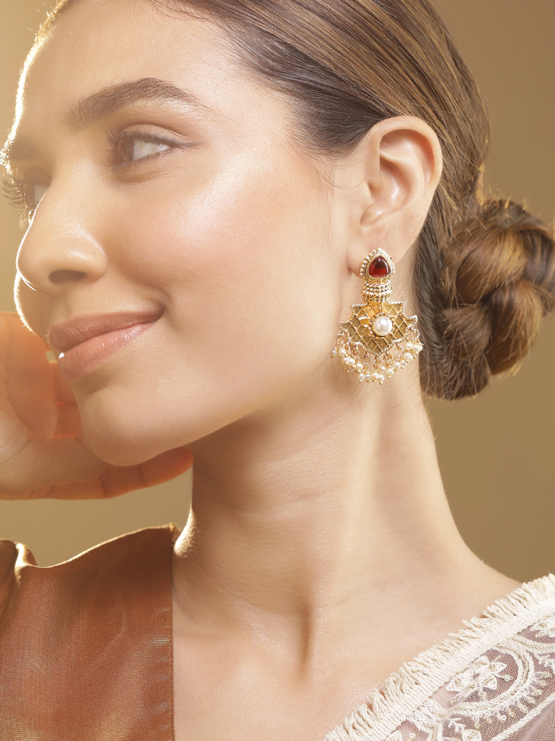 Enchanting White Red Danglers Gold