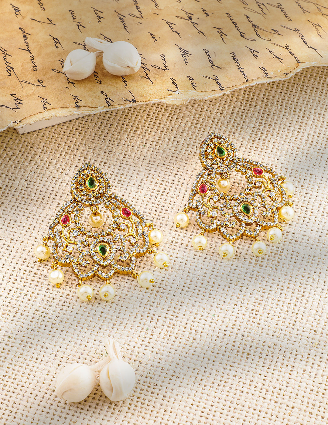 Regal Symphony in Green Red American Diamond Zirconia with Pearls Danglers Gold