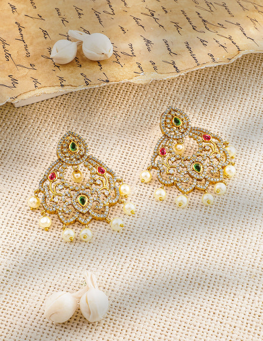 Regal Symphony in Green Red American Diamond Zirconia with Pearls Danglers Gold