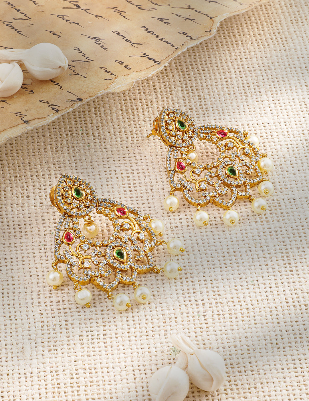 Regal Symphony in Green Red American Diamond Zirconia with Pearls Danglers Gold