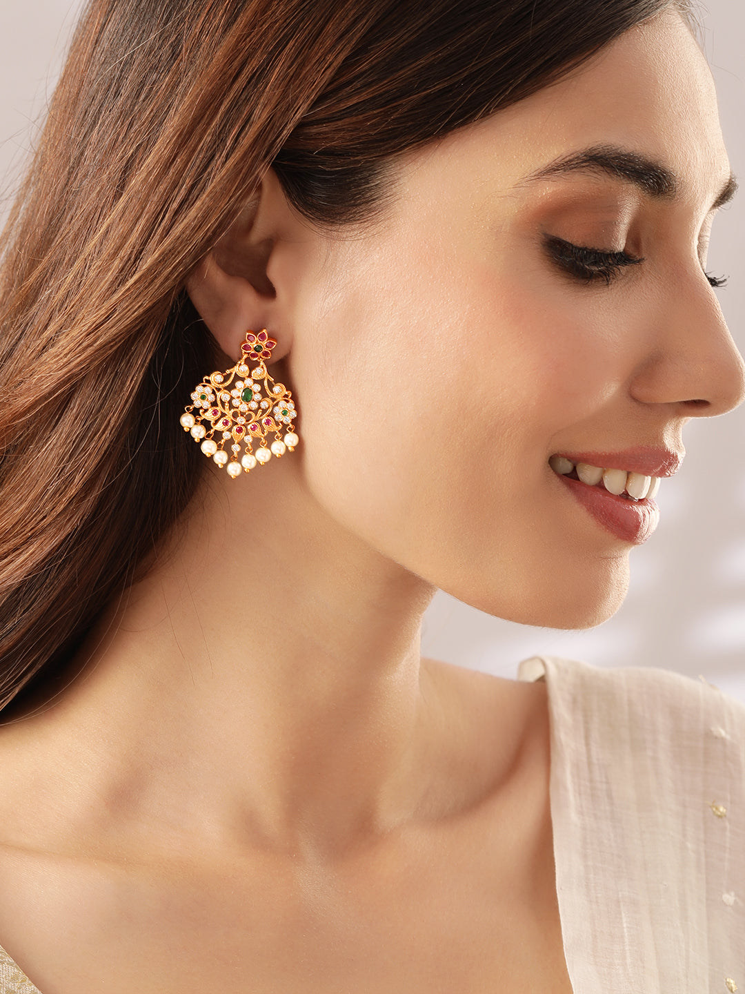 Rubans Gold Plated Elegant Pearl Embellished Drop Earring Multicolor