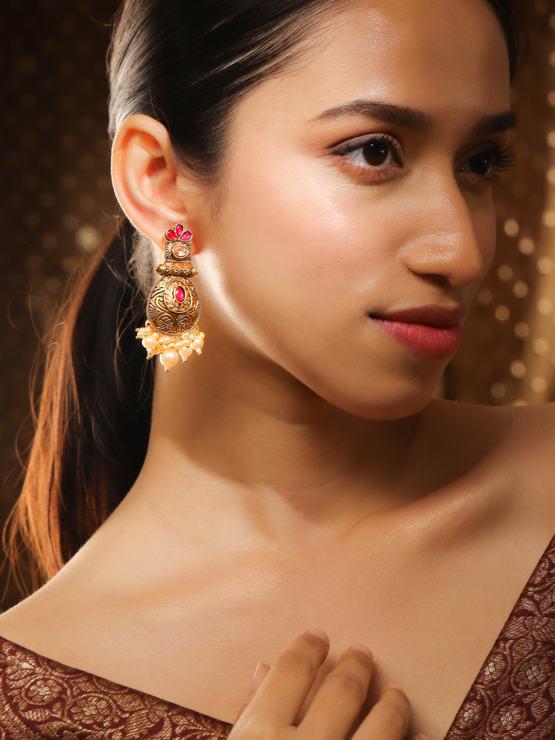 Rubans 24K Gold Plated Stone Studded Pearl Beaded Drop Earrings フリーサイズ