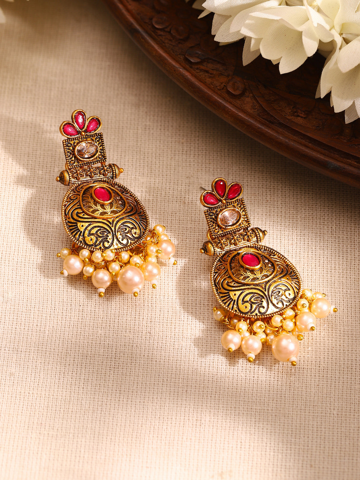 Rubans 24K Gold Plated Stone Studded Pearl Beaded Drop Earrings フリーサイズ