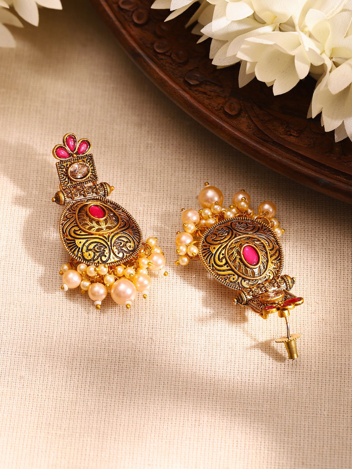 Rubans 24K Gold Plated Stone Studded Pearl Beaded Drop Earrings フリーサイズ