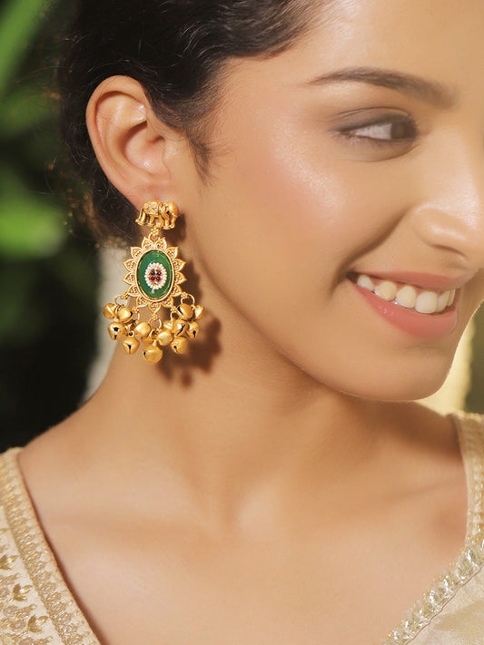 Elephant Motif Emerald Gold Beaded Kashmiri Danglers フリーサイズ