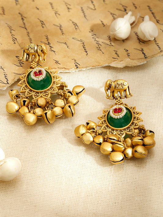 Elephant Motif Emerald Gold Beaded Kashmiri Danglers フリーサイズ