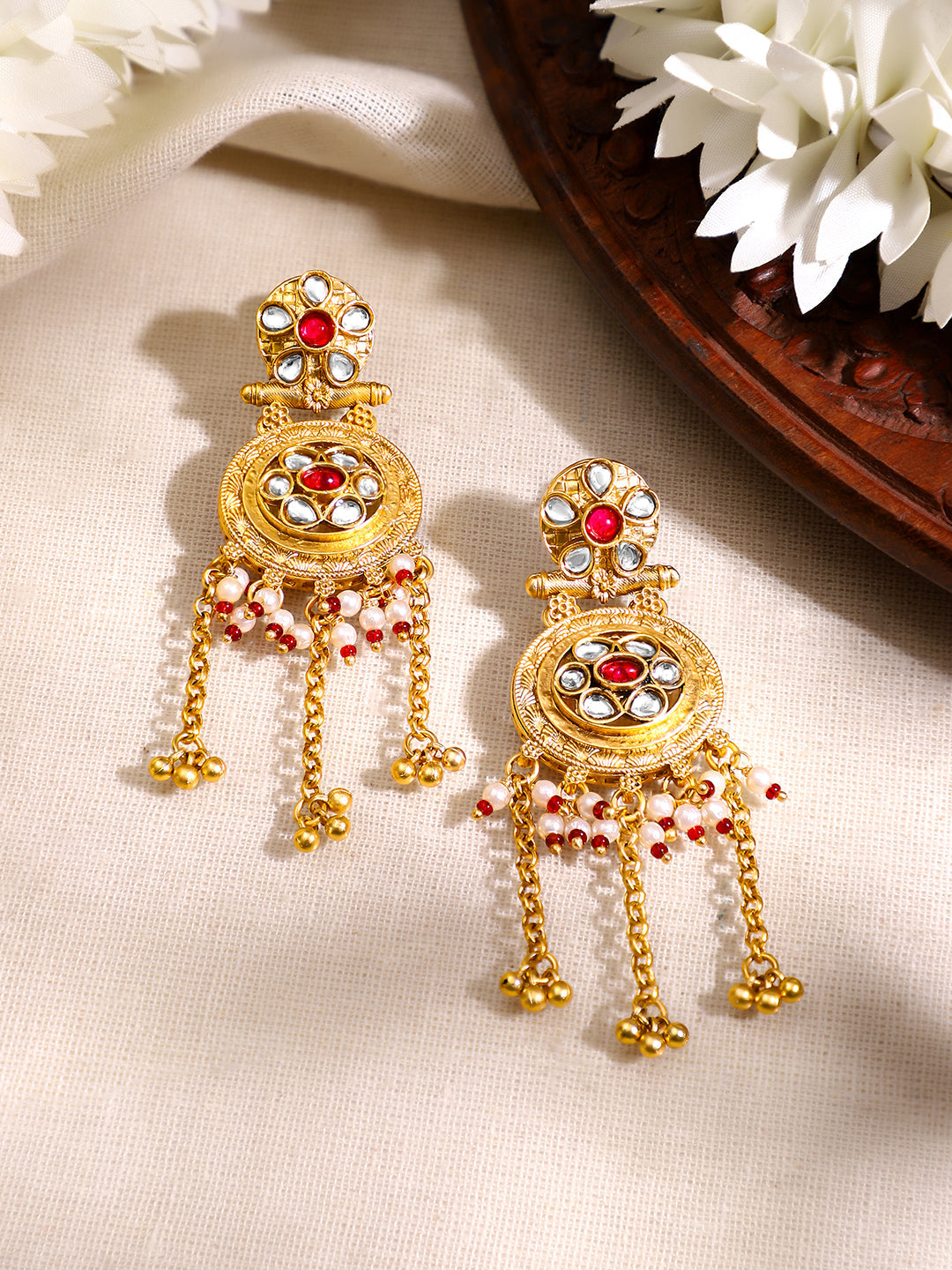 【Rubans】Gold Plated Ruby Kundan Ghungroo Tassel Drop Earrings｜ゴールドメッキ ルビー クンダン グングルー タッセル ドロップピアス