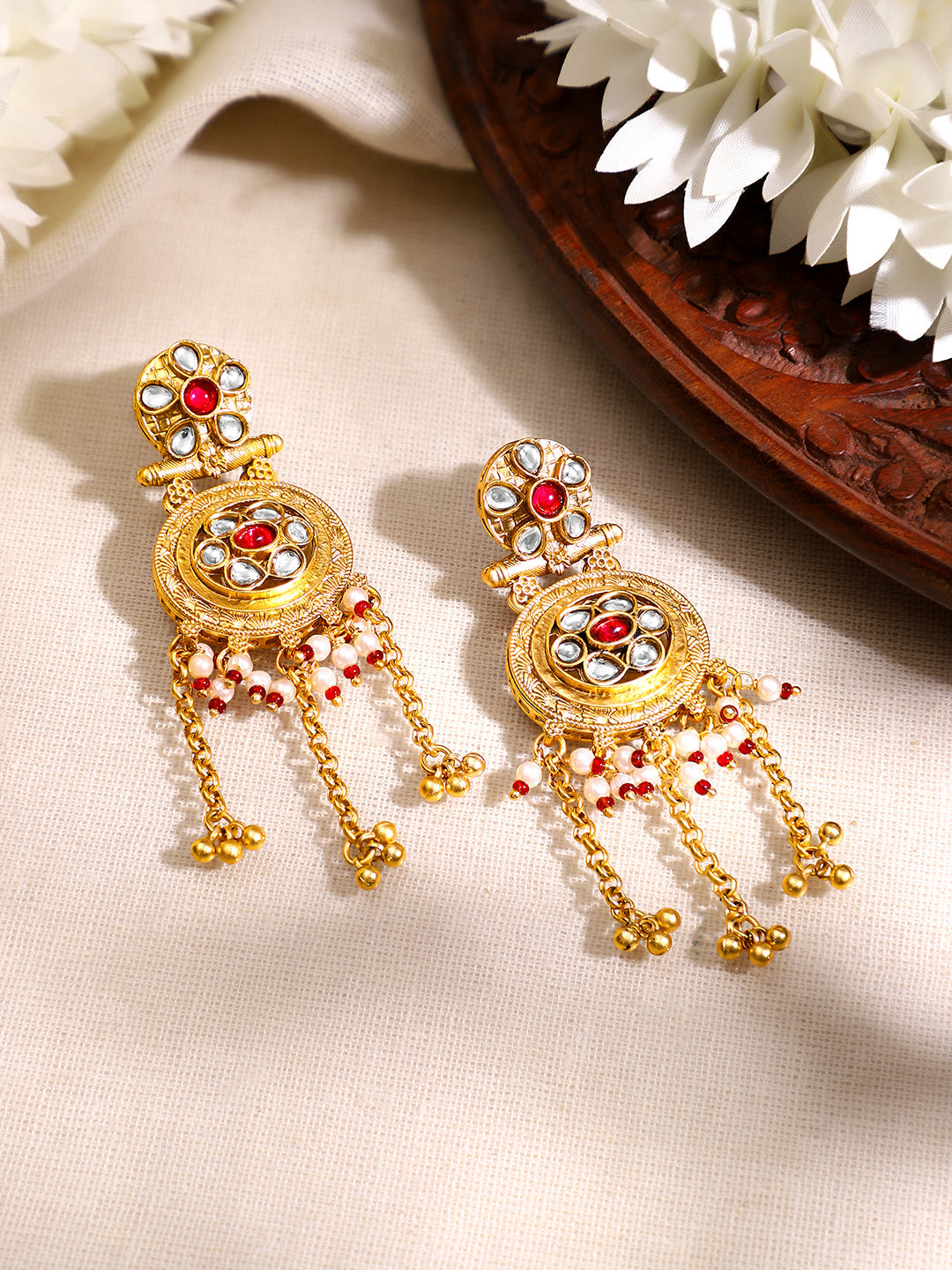 【Rubans】Gold Plated Ruby Kundan Ghungroo Tassel Drop Earrings｜ゴールドメッキ ルビー クンダン グングルー タッセル ドロップピアス