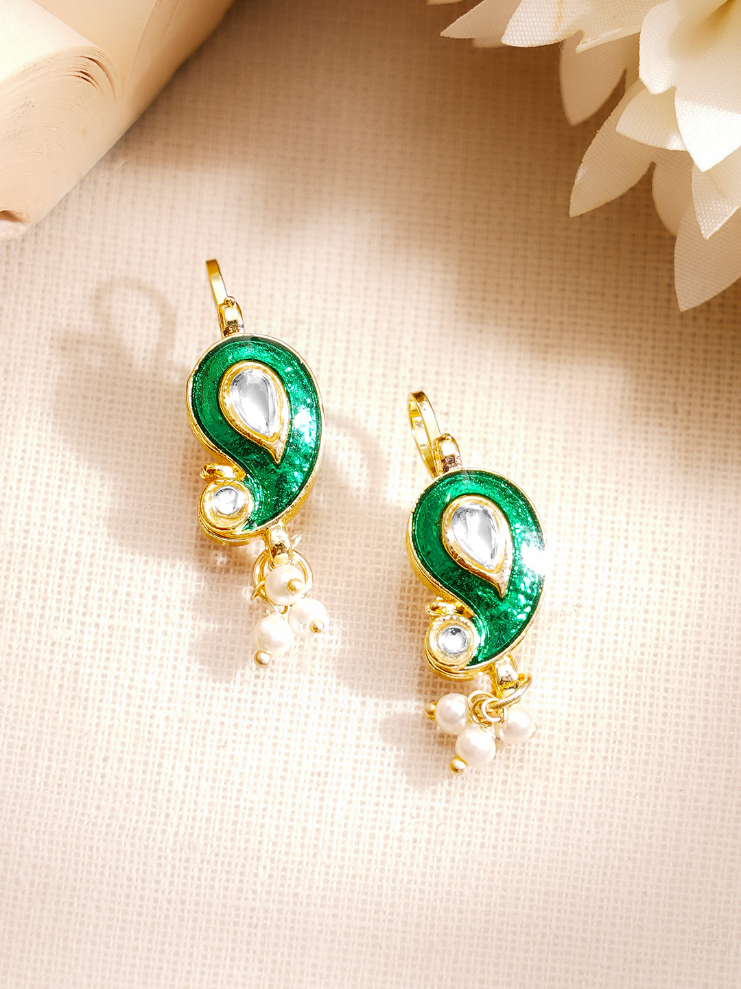 【Rubans】 Gold Plated Kundan Paisley Pearl Drop Earrings｜ゴールドメッキ クンダン ペイズリー パールドロップ イヤリング