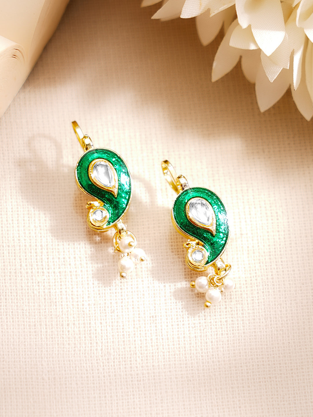 【Rubans】 Gold Plated Kundan Paisley Pearl Drop Earrings｜ゴールドメッキ クンダン ペイズリー パールドロップ イヤリング