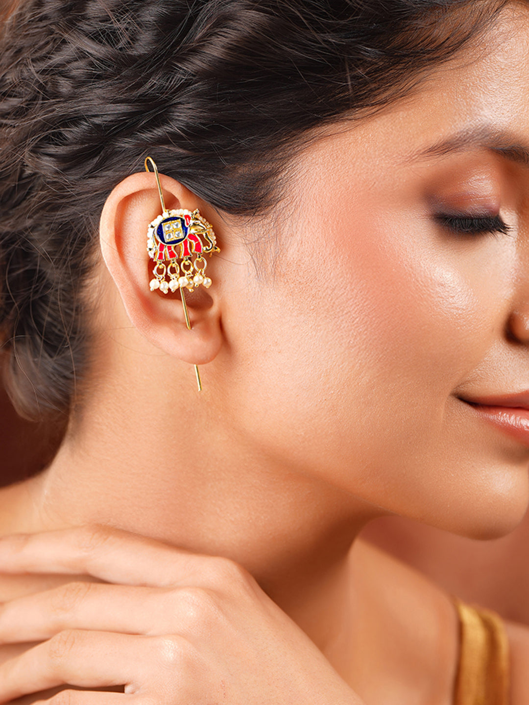 【Rubans】 Gold Plated Kundan Elephant Pearl Threader Earrings｜ゴールドメッキ クンダン エレファント パール スレッダーイヤリング