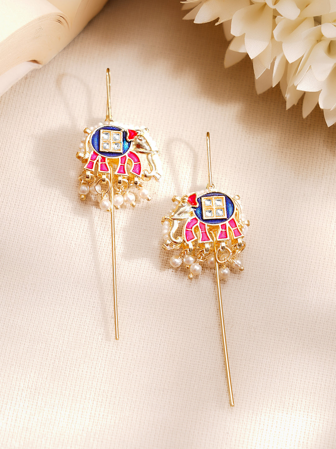 【Rubans】 Gold Plated Kundan Elephant Pearl Threader Earrings｜ゴールドメッキ クンダン エレファント パール スレッダーイヤリング