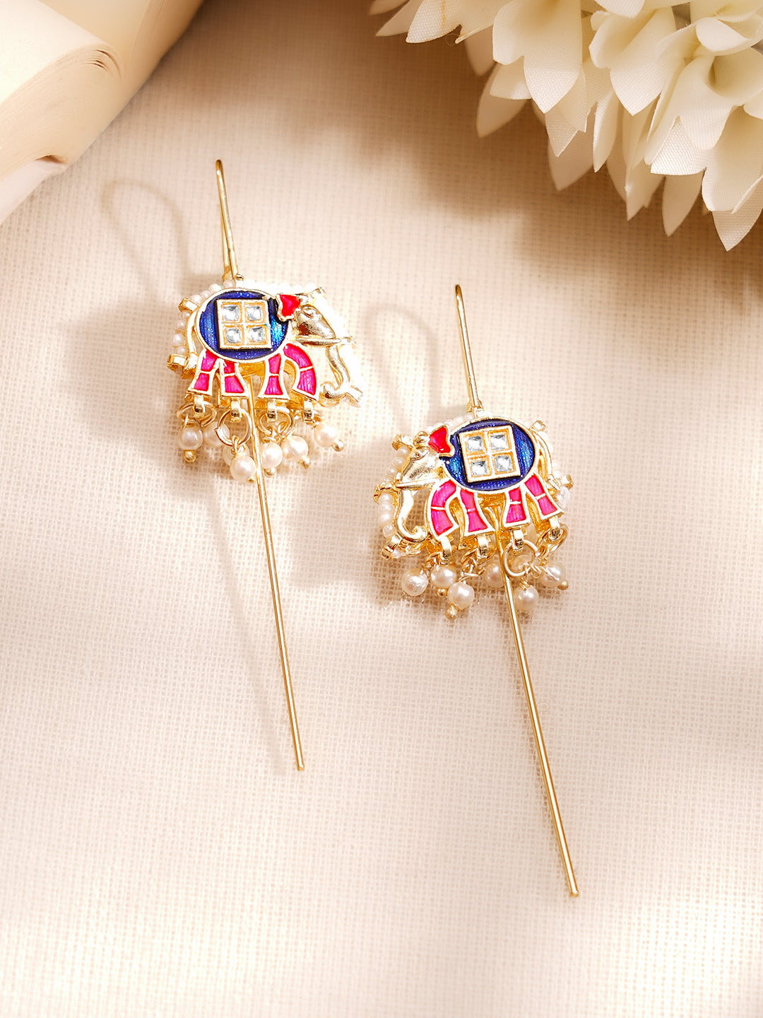 【Rubans】 Gold Plated Kundan Elephant Pearl Threader Earrings｜ゴールドメッキ クンダン エレファント パール スレッダーイヤリング
