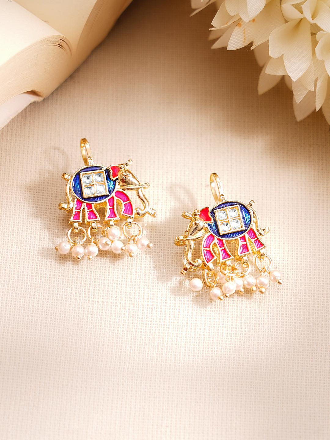 【Rubans】 Gold Plated Kundan Elephant Pearl Drop Earrings｜ゴールドメッキ クンダン エレファント パールドロップ イヤリング