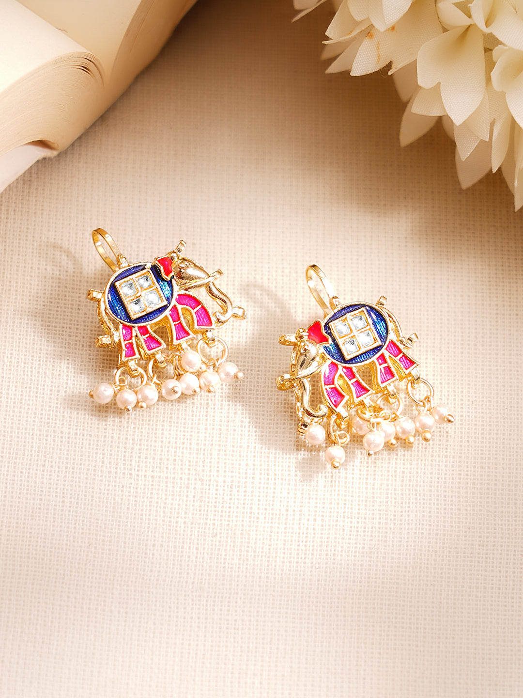 【Rubans】 Gold Plated Kundan Elephant Pearl Drop Earrings｜ゴールドメッキ クンダン エレファント パールドロップ イヤリング