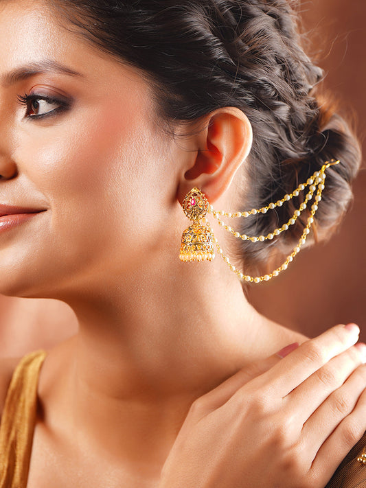 【Rubans】 Gold Plated Layered Pearl Beaded Kaan Chain Jhumkas｜ゴールドメッキ レイヤード パールビーズ カーンチェーン ジュムカ