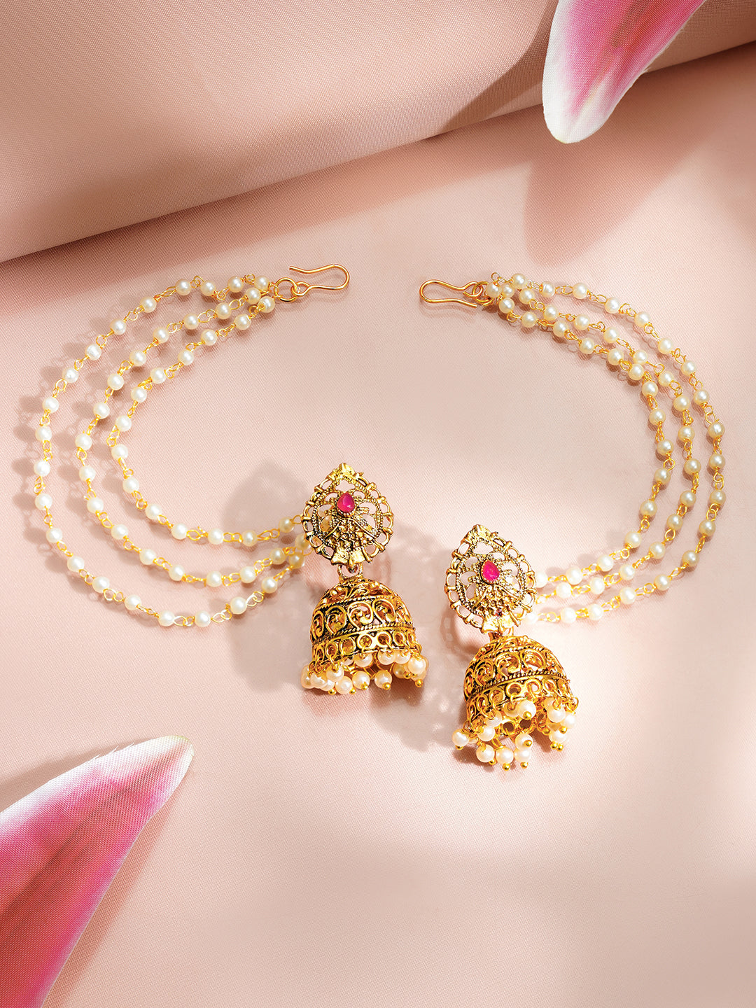 【Rubans】 Gold Plated Layered Pearl Beaded Kaan Chain Jhumkas｜ゴールドメッキ レイヤード パールビーズ カーンチェーン ジュムカ