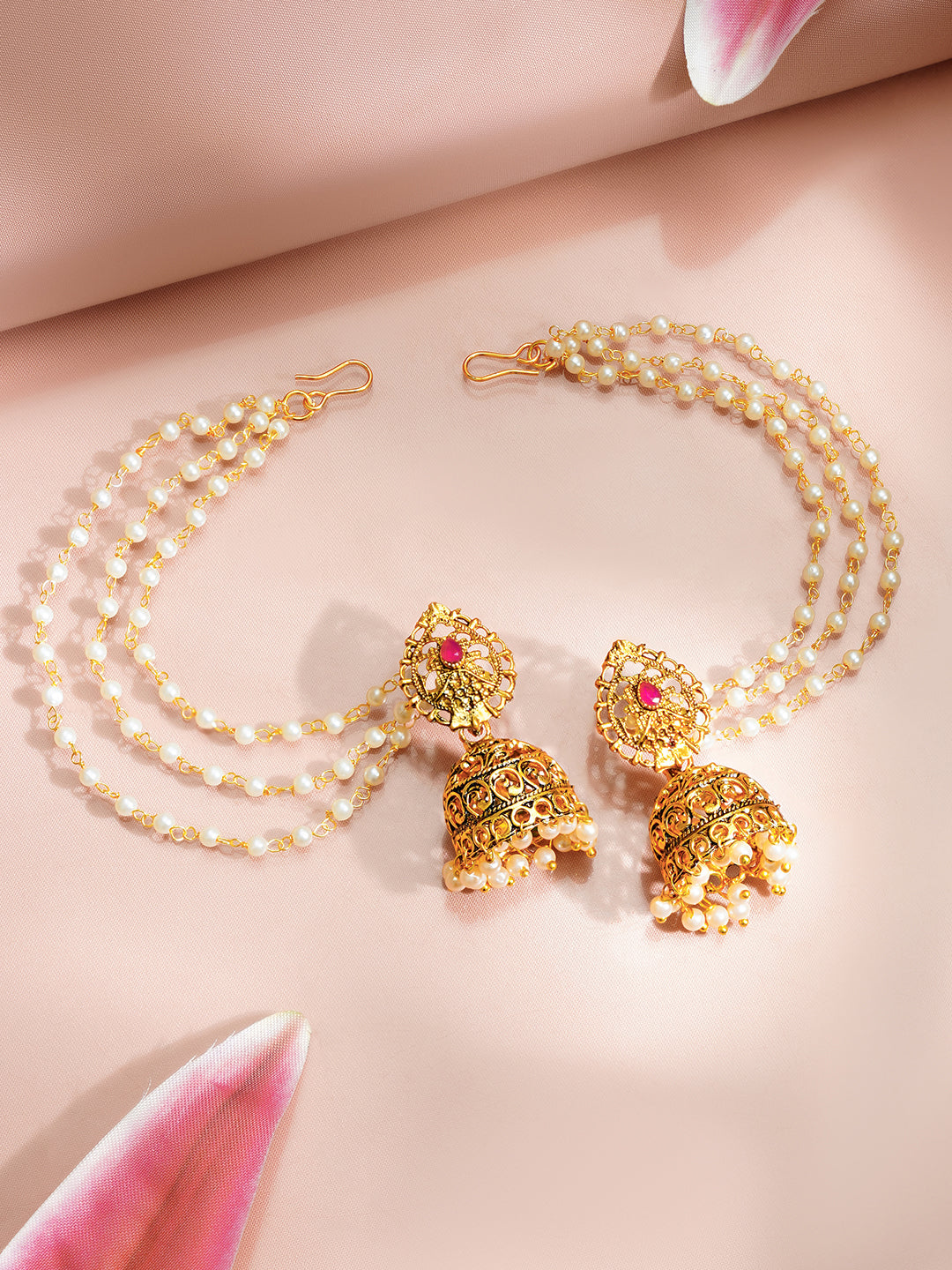 【Rubans】 Gold Plated Layered Pearl Beaded Kaan Chain Jhumkas｜ゴールドメッキ レイヤード パールビーズ カーンチェーン ジュムカ