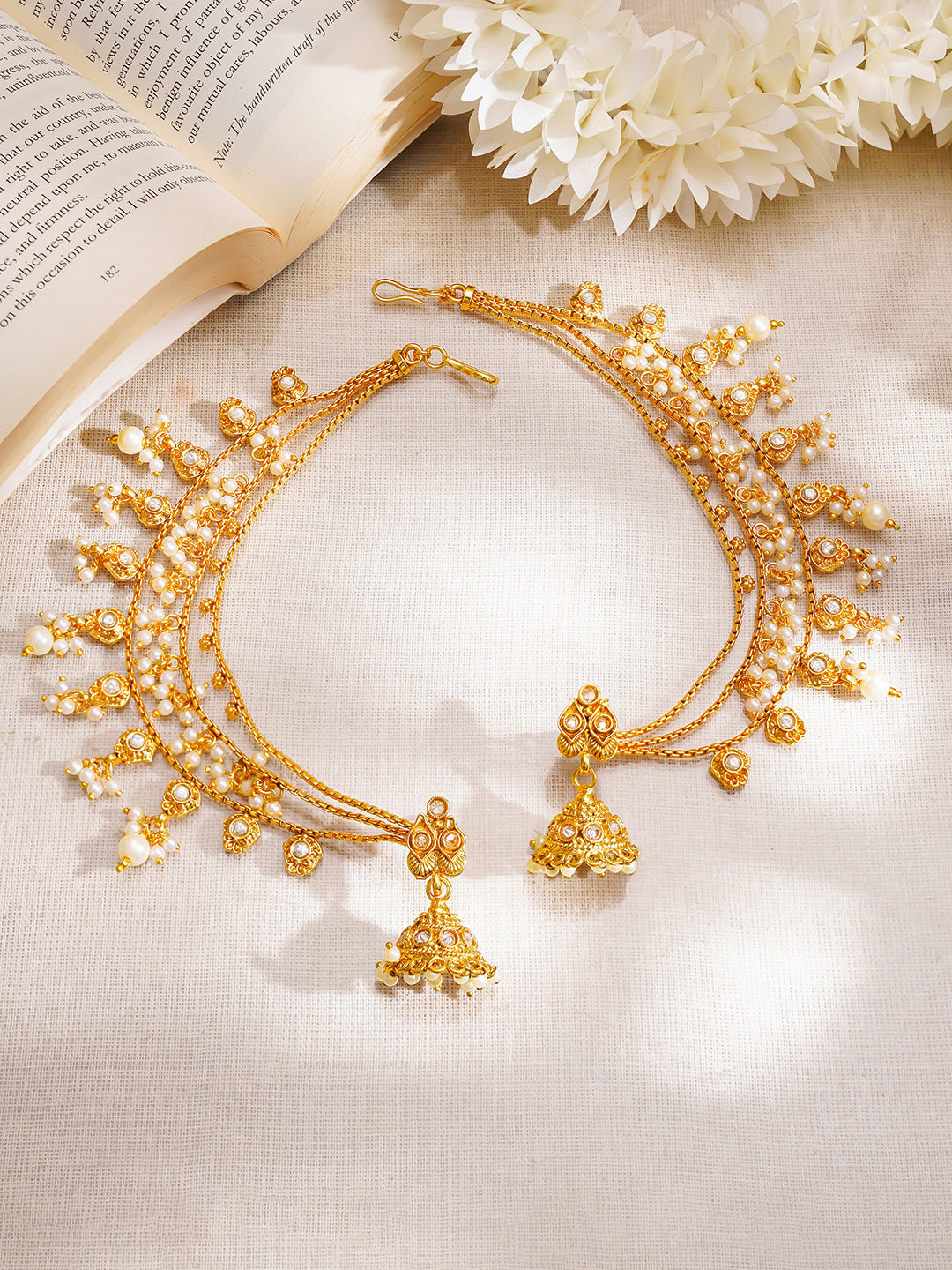 【Rubans】 Gold Plated Pearl Beaded Layered Kaan Chain Jhumkas｜ゴールドメッキ パールビーズ レイヤード カーンチェーン ジュムカ