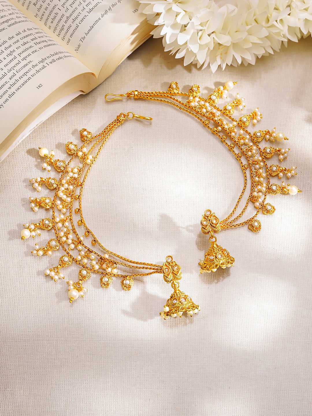 【Rubans】 Gold Plated Pearl Beaded Layered Kaan Chain Jhumkas｜ゴールドメッキ パールビーズ レイヤード カーンチェーン ジュムカ