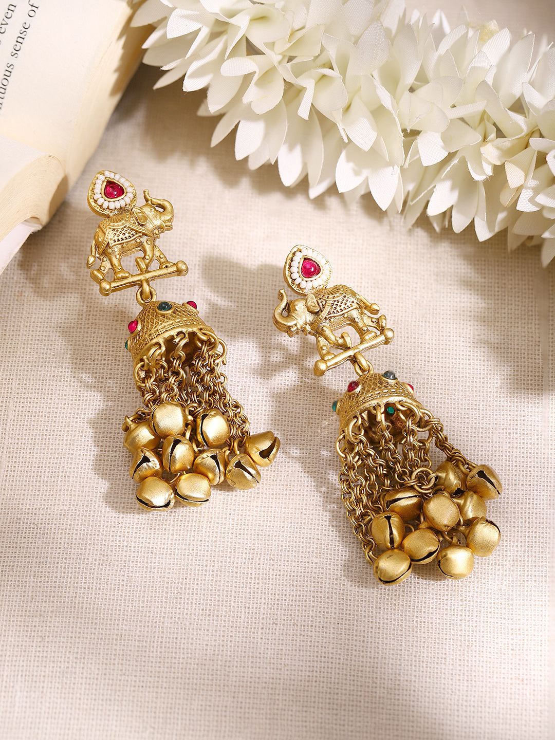 【Rubans】Gold Plated Elephant Ghungroo Tassel Jhumka Earrings｜ゴールドメッキ エレファント グングルー タッセル ジュムカピアス