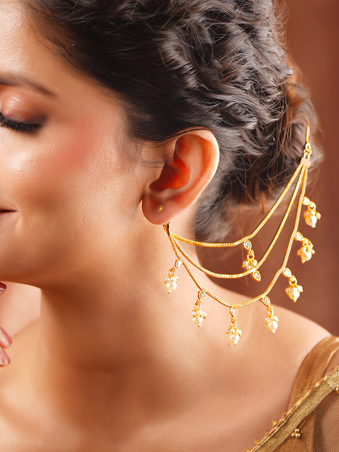【Rubans】 Gold Plated Kundan Pearl Drop Layered Kaan Chain Earrings｜ゴールドメッキ クンダン パールドロップ レイヤード カーンチェーン イヤリング