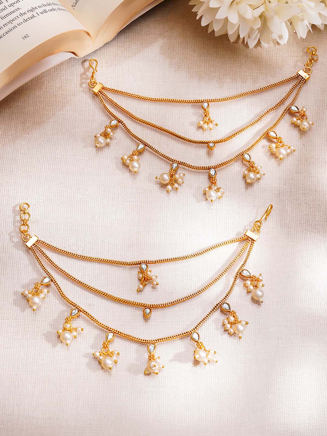 【Rubans】 Gold Plated Kundan Pearl Drop Layered Kaan Chain Earrings｜ゴールドメッキ クンダン パールドロップ レイヤード カーンチェーン イヤリング