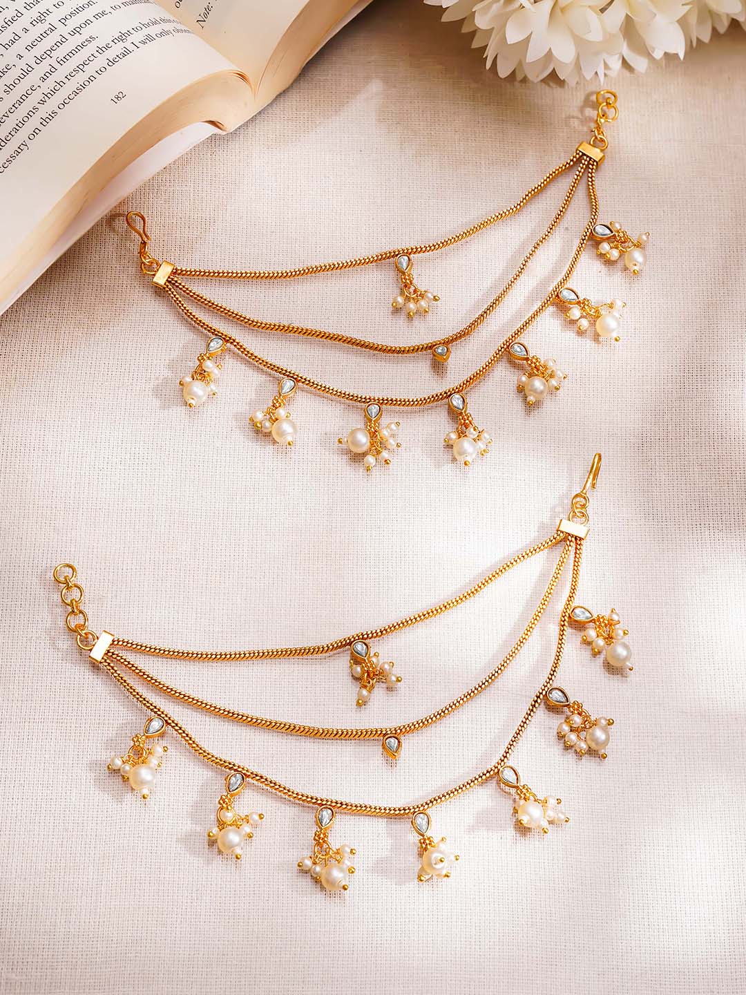 【Rubans】 Gold Plated Kundan Pearl Drop Layered Kaan Chain Earrings｜ゴールドメッキ クンダン パールドロップ レイヤード カーンチェーン イヤリング