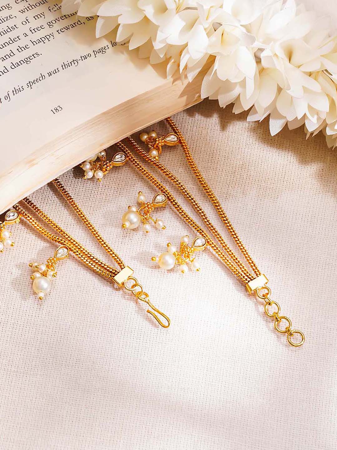 【Rubans】 Gold Plated Kundan Pearl Drop Layered Kaan Chain Earrings｜ゴールドメッキ クンダン パールドロップ レイヤード カーンチェーン イヤリング