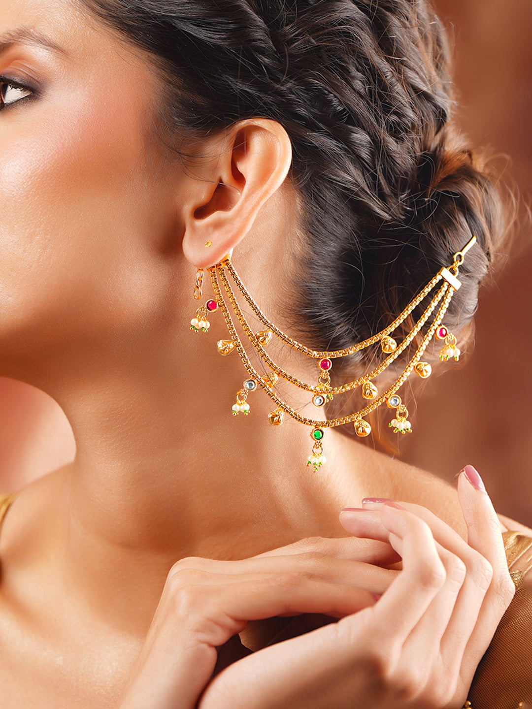 【Rubans】 Gold Plated Layered Kundan Kaan Chain Earrings｜ゴールドメッキ レイヤード クンダン カーンチェーン イヤリング