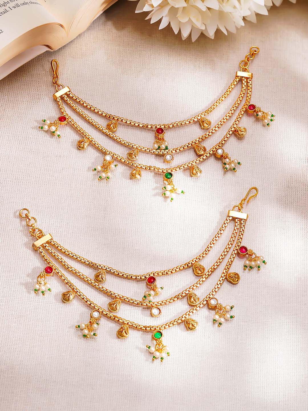 【Rubans】 Gold Plated Layered Kundan Kaan Chain Earrings｜ゴールドメッキ レイヤード クンダン カーンチェーン イヤリング