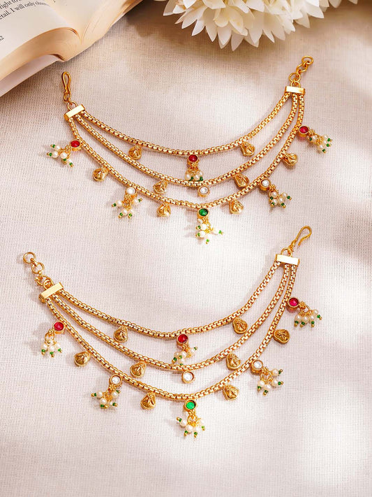 【Rubans】 Gold Plated Layered Kundan Kaan Chain Earrings｜ゴールドメッキ レイヤード クンダン カーンチェーン イヤリング