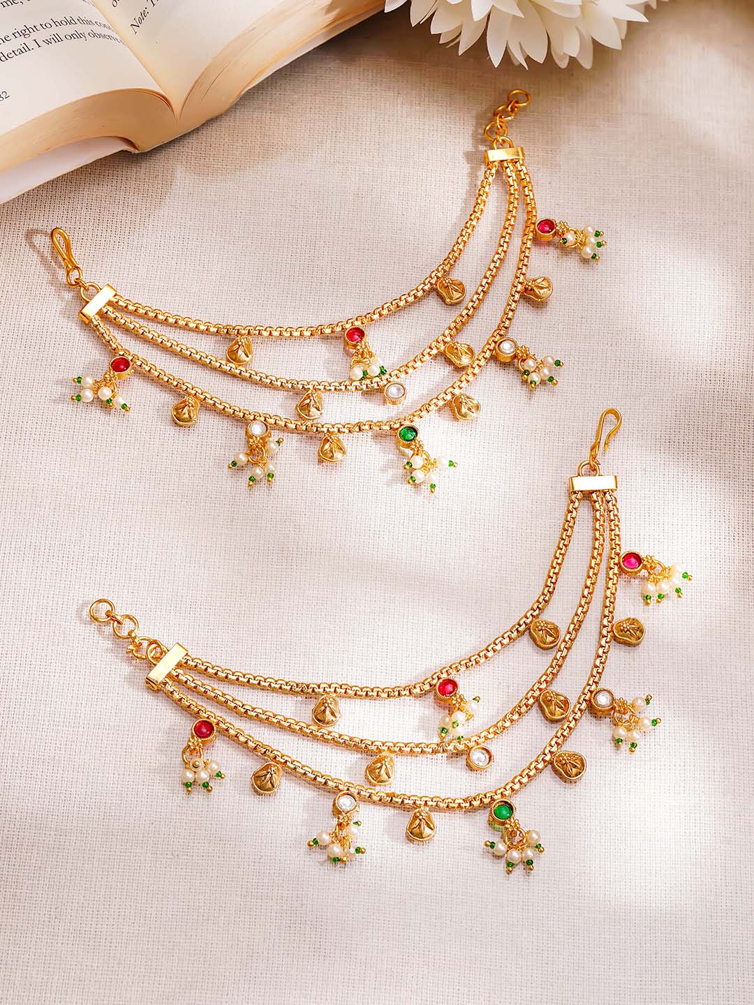 【Rubans】 Gold Plated Layered Kundan Kaan Chain Earrings｜ゴールドメッキ レイヤード クンダン カーンチェーン イヤリング