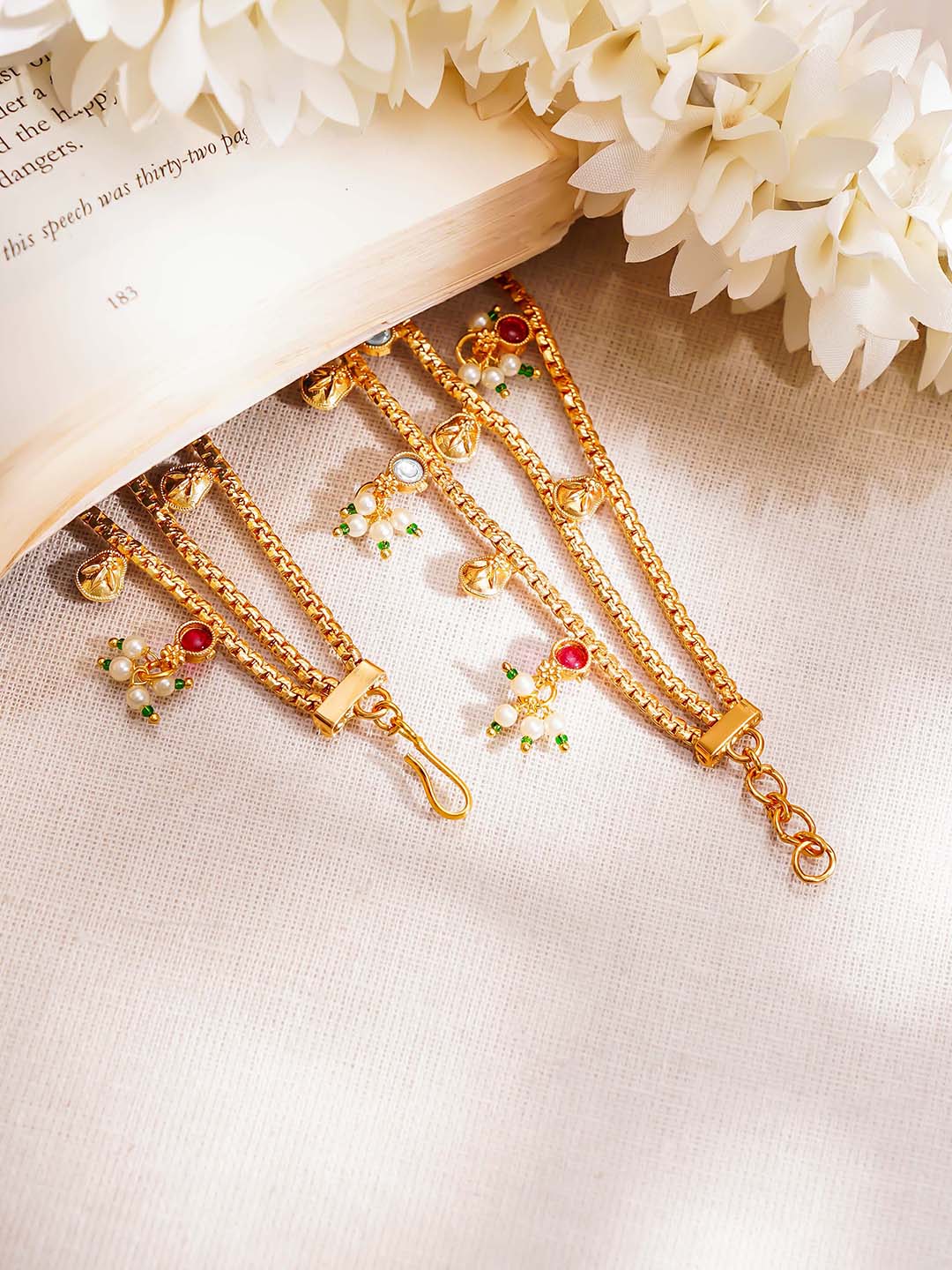【Rubans】 Gold Plated Layered Kundan Kaan Chain Earrings｜ゴールドメッキ レイヤード クンダン カーンチェーン イヤリング