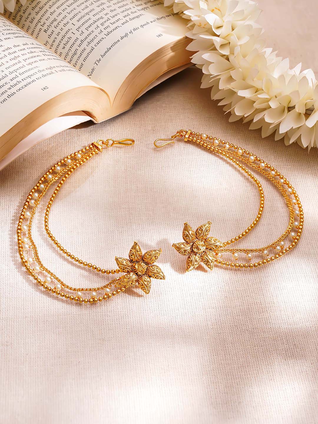 【Rubans】 Gold Plated Pearl Beaded Star Motif Layered Kaan Chain Earrings｜ゴールドメッキ パールビーズ スターモチーフ レイヤード カーンチェーン イヤリング